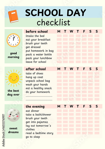 Daily school day checklist for kids and parents
