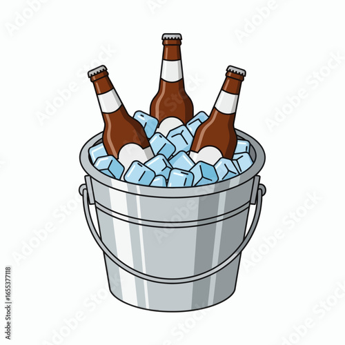 A metal bucket brimming with blue ice cubes and three brown beer bottles against a white background