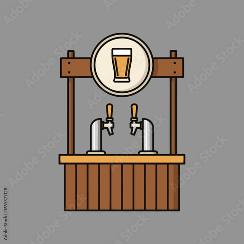 A simple flat illustration of a brown wooden beer stand with two taps and a circular beer glass sign