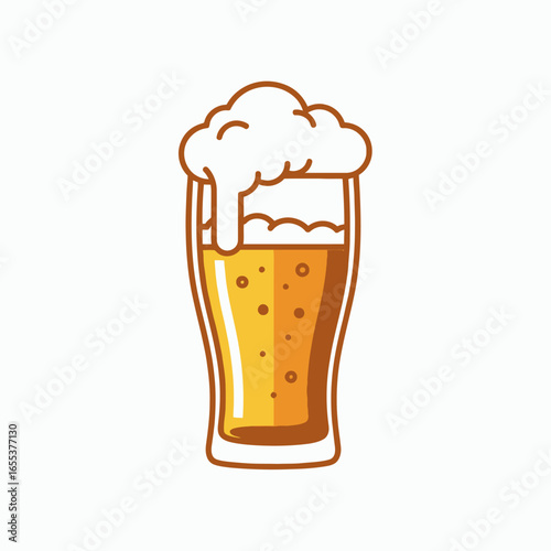 A stylized illustration of a tall glass filled with golden beer topped with a large frothy white foam head overflowing the rim