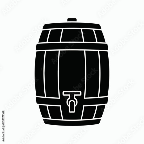 Black silhouette of a barrel with white outlines for staves bands and a tap set against a white background