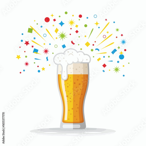 Cartoon beer glass overflowing with white foam surrounded by an arc of colorful confetti and stars