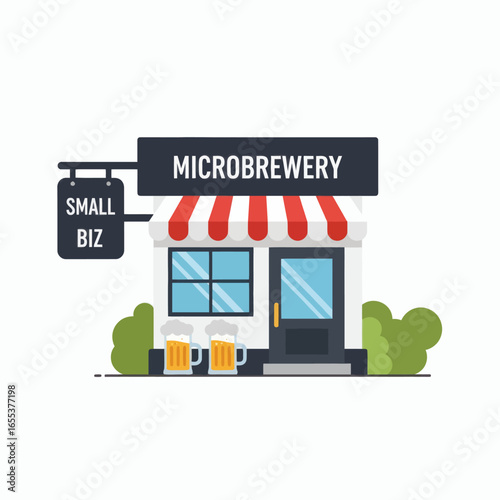 Cartoon microbrewery storefront with red awning SMALL BIZ sign and two large beer mugs