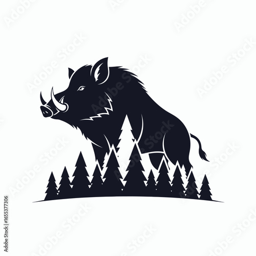 A dark silhouette of a wild boar with large tusks stands against a backdrop of pine trees on a white background