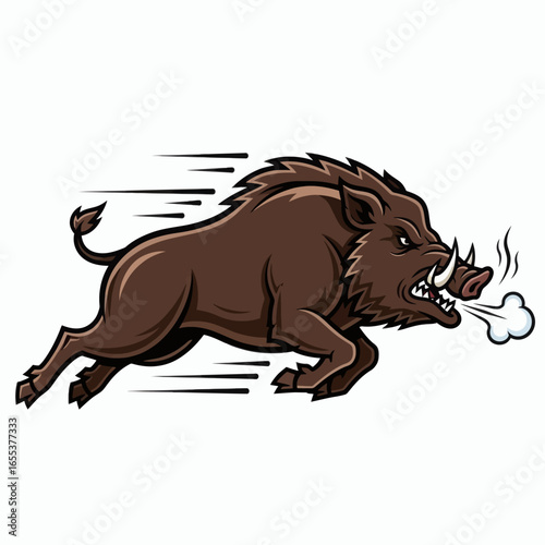 A fierce brown boar with tusks and a spiky mane runs swiftly exhaling steam against a white background