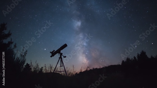 Silhouette of a modern telescope on a tripod aimed at the vast star-filled night sky with the Milky Way.