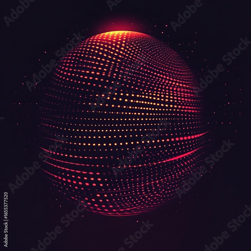 Glowing red sphere of light, digital particles