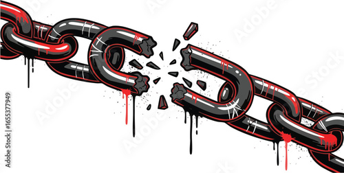 Illustration of a broken metal chain with shattered links, symbolizing freedom, strength, and overcoming obstacles.