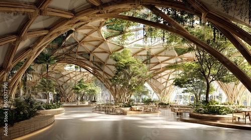 Eco-friendly cloud computing center with bamboo structure, biophilic design and daylight rendering. Sustainable technology, natural materials, green architecture and renewable energy concept.