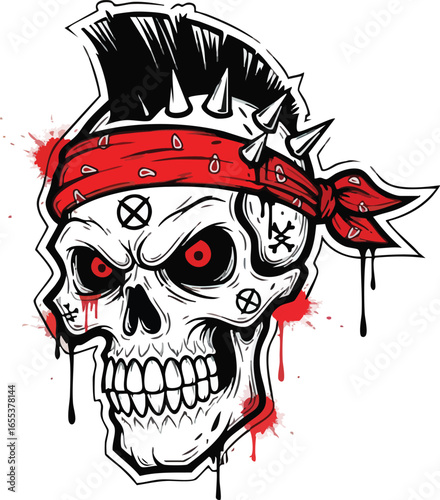Illustration of a menacing skull with a red bandana, spiked mohawk, and dripping blood, rendered in a bold, graphic style.