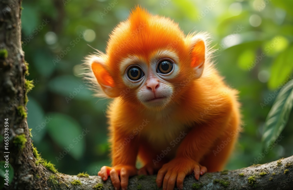 Fototapeta premium Curious orange monkey with large eyes sits on tree branch amid jungle foliage. Young primate vibrant fur, playful demeanor. Close-up portrait captures bright orange color, soft fur texture in natural