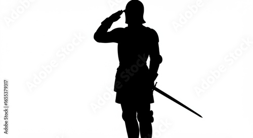 Silhouette of a knight in armor saluting with a sword hanging at his side in a black and white image vreated with genrated ai