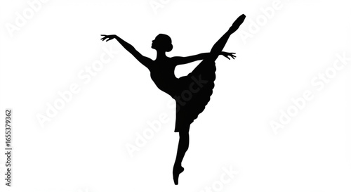 Silhouette of a ballerina in a graceful arabesque pose with arms extended and leg reaching high in the air vreated with genrated ai