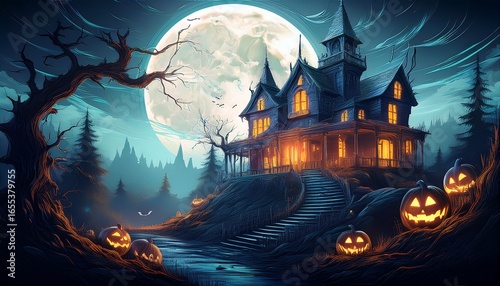 illustration of a spooky, haunted mansion on a hill on Halloween night, with glowi 