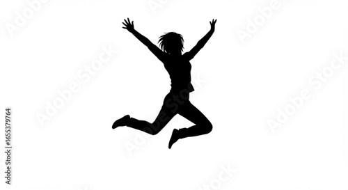 Silhouette of a woman jumping with arms raised in the air against a white background in a joyful pose vreated with genrated ai