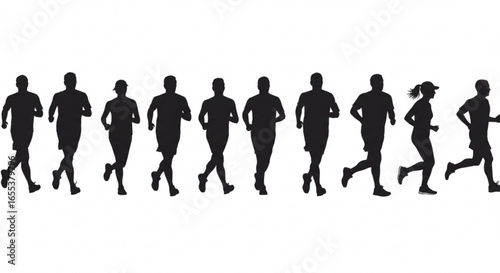 Silhouette illustration of a group of people running in a race or marathon event on a white background vreated with genrated ai
