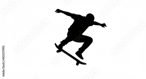 Silhouette of a skateboarder performing a trick mid air on a skateboard against a white background vreated with genrated ai