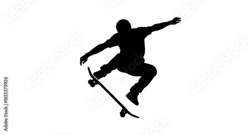 Silhouette of a skateboarder performing a trick with arms outstretched on a white background image vreated with genrated ai