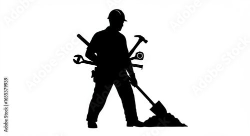 Silhouette of a construction worker with tools and a shovel digging into a pile of dirt or soil vreated with genrated ai