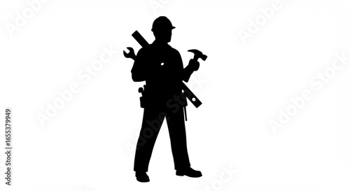 Silhouette of a construction worker with tools including a hammer wrench and level standing tall vreated with genrated ai
