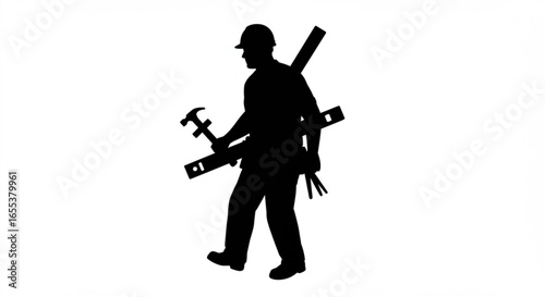 Silhouette of a construction worker carrying tools and lumber on his shoulder in black and white vreated with genrated ai