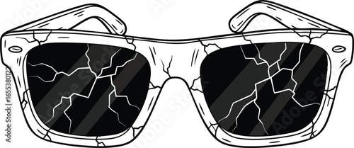 Cartoon drawing of cracked sunglasses with broken lenses and frame.