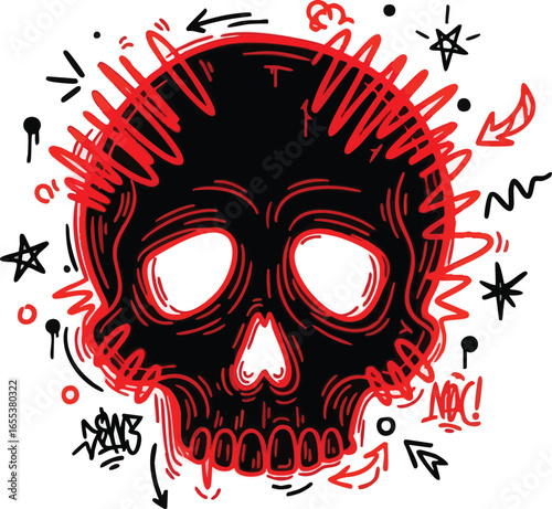 A black and red graffiti-style skull illustration with energetic doodles and abstract elements.