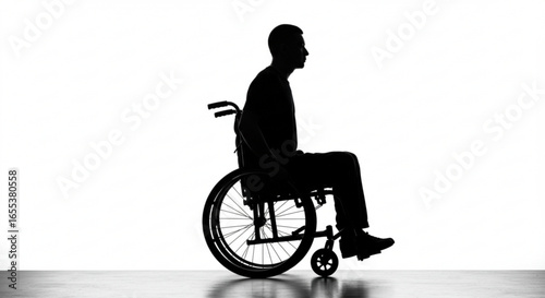 Silhouette of a man sitting in a wheelchair against a white background in a studio setting showing profile vreated with genrated ai