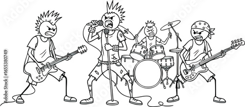Cartoon punk rock band performing with angry expressions and musical instruments.