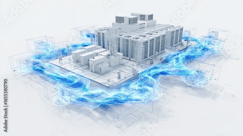 Carbon neutral data center in minimalist wireframe style with blue energy flowing lines on white background, illustrating sustainable technology, eco-friendly computing and green energy concepts