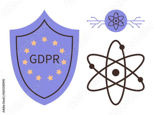 Shield labeled GDPR with stars, atomic model, and circuit diagram emphasizing security, data privacy, and technology principles. Ideal for cybersecurity, regulations, science, innovation privacy