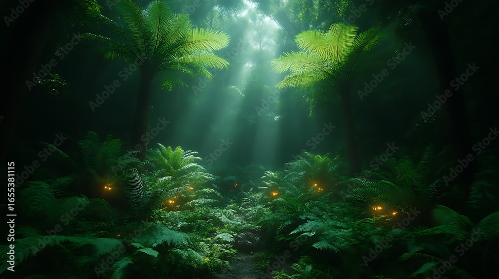 Enchanting jungle scene with glowing lights. Enchanting jungle scene with glowing lights.