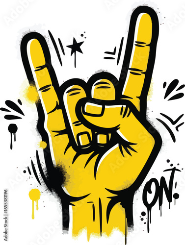 Yellow hand making a "rock on" gesture with black outline and graffiti-style drips and splatters, set against a white background.