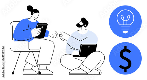 Two teammates using a tablet and laptop fist bump, symbolizing teamwork. Adjacent icons represent creative ideas and financial success. Ideal for collaboration, innovation, technology