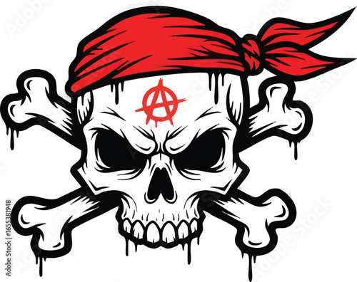 An anarchist pirate skull and crossbones illustration wearing a red bandana with a dripping ink effect.