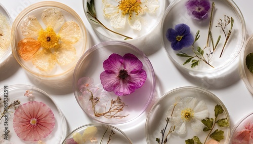 Pressed flowers, preserved in clear resin, arranged in petri dishes