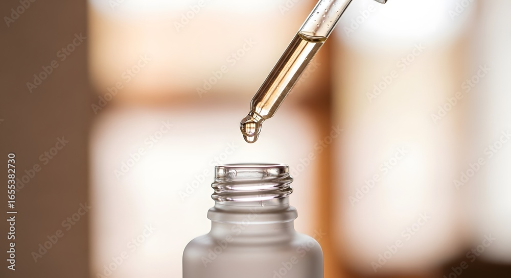 Close-up of a dropper dispensing liquid into a frosted glass bottle. Close-up of a dropper dispensing liquid into a frosted glass bottle.