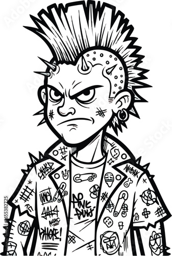 Black and white illustration of an angry punk character with a mohawk, spiked head, and a jacket covered in rebellious graffiti and safety pins.