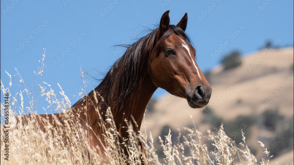 Obraz premium Brown horse in a field of tall grass.