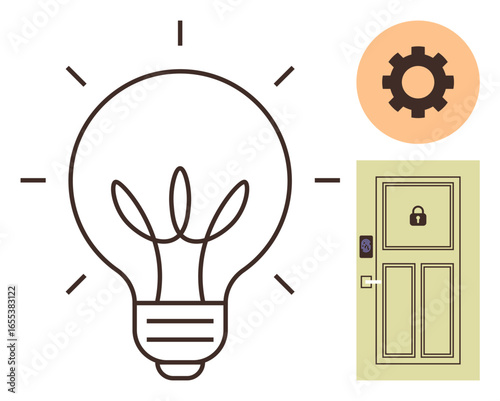 Light bulb radiating lines, locked door with keypad entry, and gear in orange circle. Ideal for technology, security, ideas, innovation, progress, problem solving simple flat metaphor