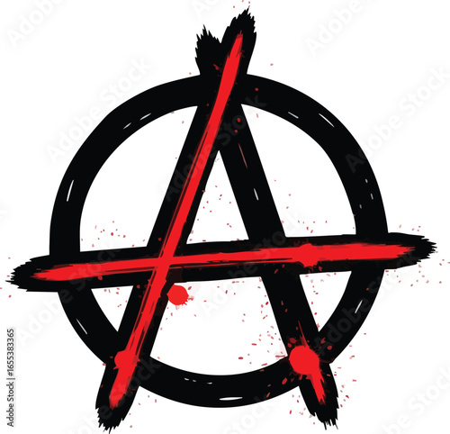 Anarchy symbol featuring a red letter A within a black circle, created with a brushstroke effect and red paint splatter details.