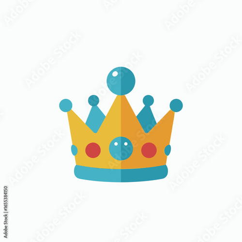 A flatdesign gold crown with pointed blue arches red jewels and blue orbs centered on a white background