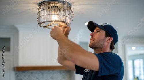 Electrician installing light fixture at home, inspecting the electrical system for safety and efficiency with modern design