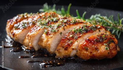 Sliced pan-seared chicken breast, glazed, garnished with fresh rosemary sprigs, resting on a dark plate with a flavorful sauce