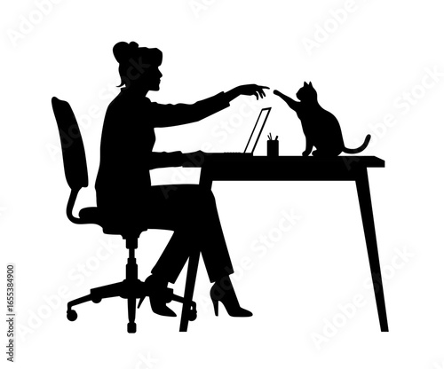 Silhouette of a woman working at desk with laptop and cat vector illustration