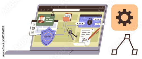 gdpr compliance shield, file lock, digital key, user profile, documents on laptop screen, cogwheel icon nearby. Ideal for cybersecurity, data protection, compliance privacy policy workflow