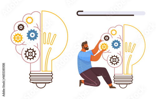 Man kneeling and adjusting gears inside a light bulb, symbolizing creativity, innovation, problem-solving, teamwork, brainstorming, technical thinking, and growth. Ideal for concepts of knowledge