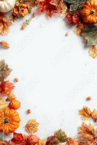 Autumnal frame of pumpkins and leaves on a light background