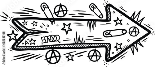A black and white illustration of an arrow decorated with punk rock and anarchist symbols.