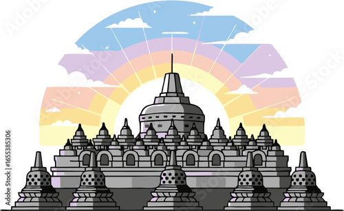 Majestic Buddhist Temple Architecture, Borobudur Style, Sunrise Over Ancient Monument